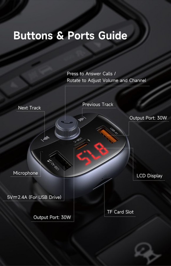 Cargador y Transmisor FM para auto con puertos USB-A y USB-C